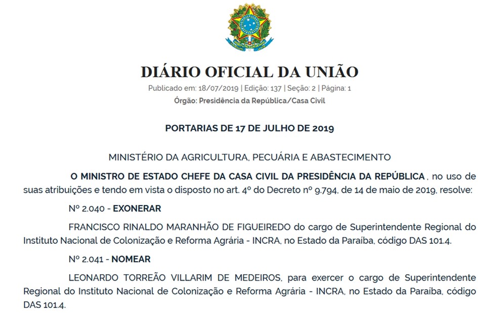  Leonardo Torreão Villarim de Medeiros tinha sido nomeado no dia 18 de julho de 2019 para superintendência do Incra na Paraíba — Foto: Reprodução
