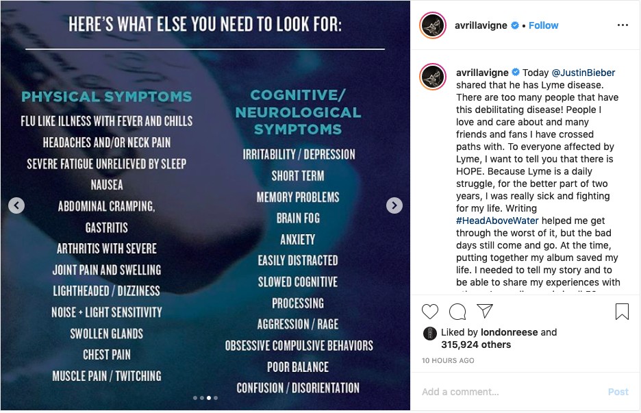 O post da cantora Avril Lavigne listrando os sintomas da Doença de Lyme (Foto: Instagram)