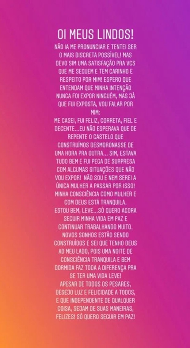 Camila Braga desabafa em rede social após separação (Foto: Reprodução/Instagram)