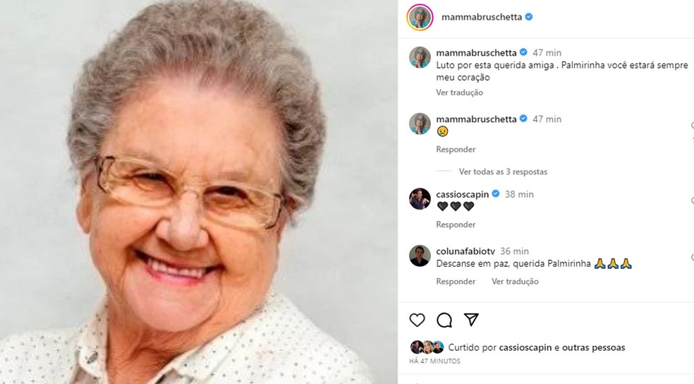 Mama Bruschetta lamenta a morte de Palmirinha Onofre — Foto: Reprodução/Instagram