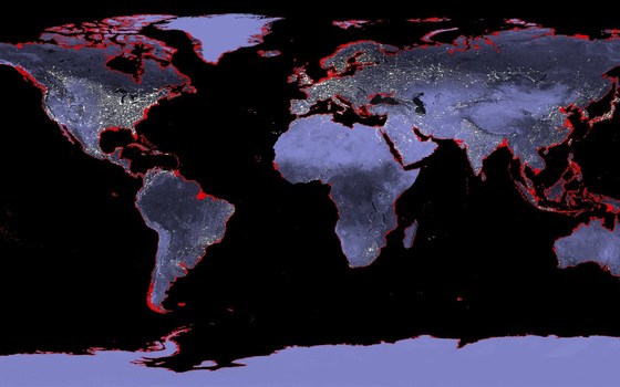 Mapa do impacto mundial de um aumento de 6 metros no nível do mar (Foto: NOAA)
