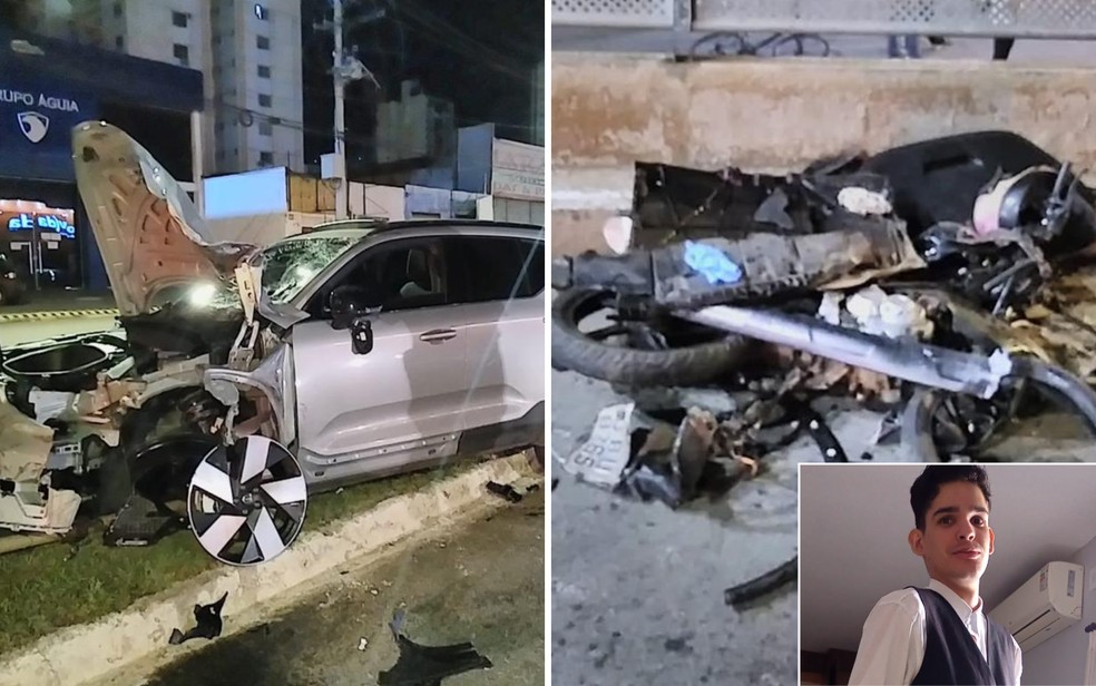 Fotos mostram carro com a frente destruda e moto totalmente destruda; abaixo, David Galvo, vtima fatal de acidente em Goinia, Gois  Foto: Divulgao/Polcia Civil e Arquivo pessoal/Isabela Galvo