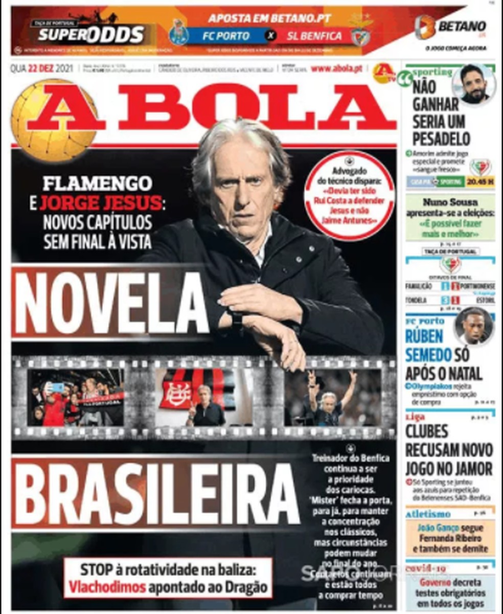 "A Bola" tratou como "novela brasileira" a busca do Flamengo por Jesus — Foto: Reprodução