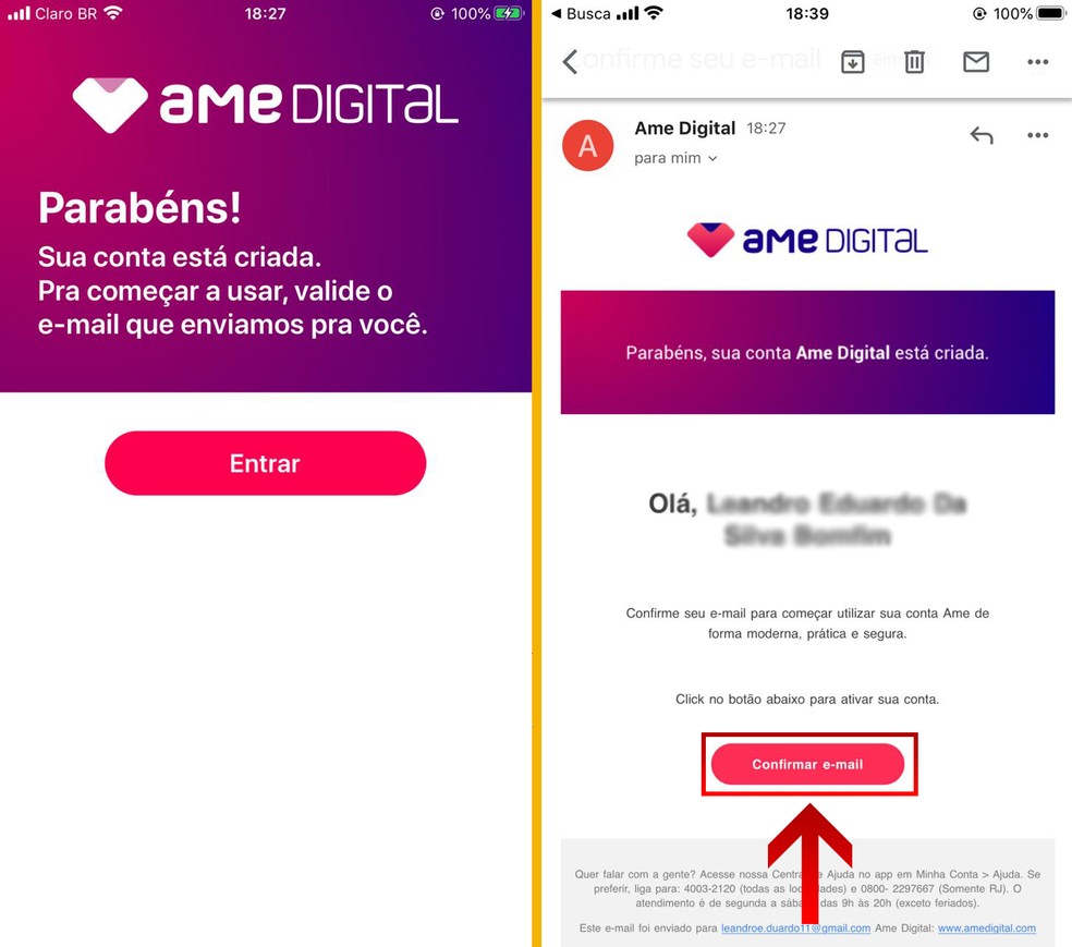 Entre na caixa de entrada do seu e-mail e clique em "Confirmar e-mail" para garantir criação de conta na Ame Digital — Foto: Reprodução/Leandro Eduardo