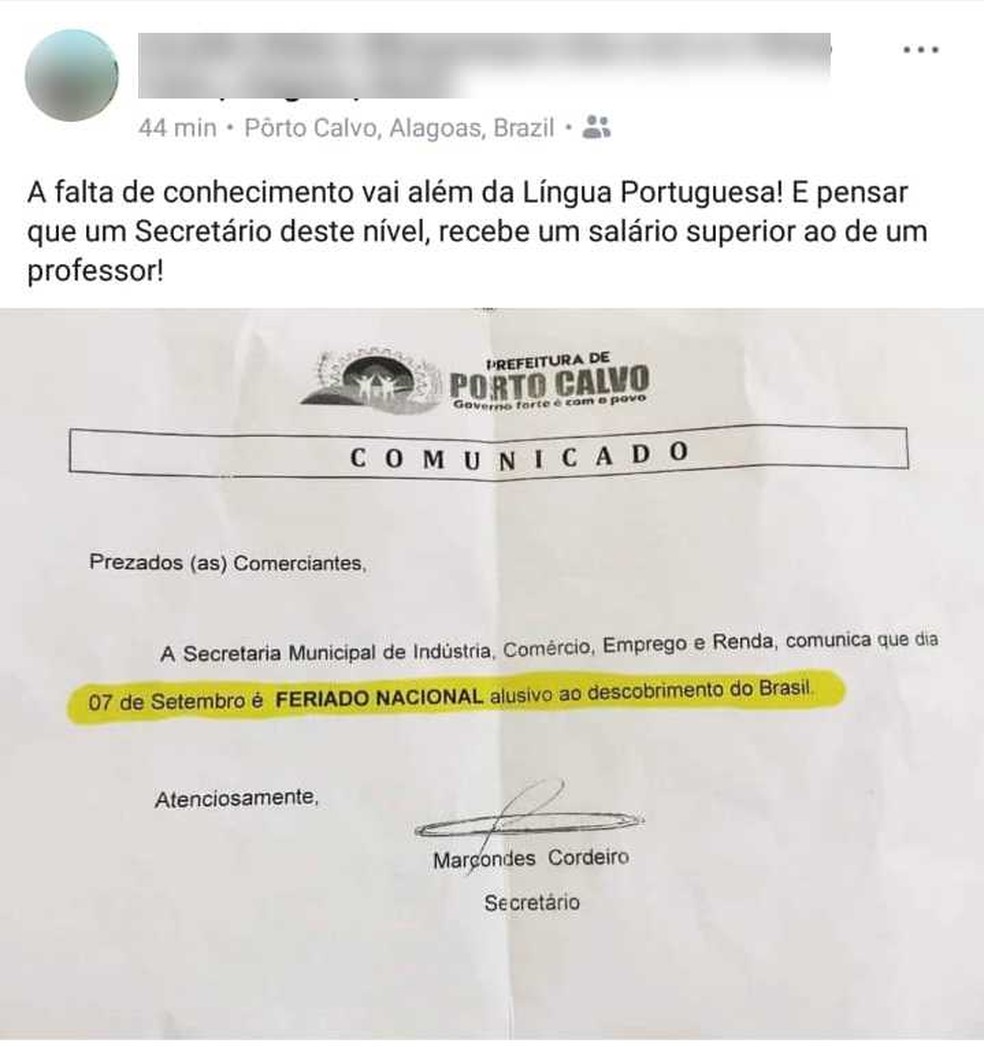 Comunicado emitido pela prefeitura de Porto Calvo (AL) relaciona feriado de 7 de setembro ao Descobrimento do Brasil (Foto: ReproduÃ§Ã£o/Facebook)