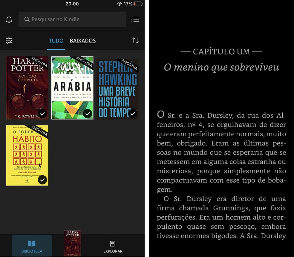 Modo noturno deixa aplicativo do Kindle com menus e páginas escuras — Foto: Reprodução/Rodrigo Fernandes