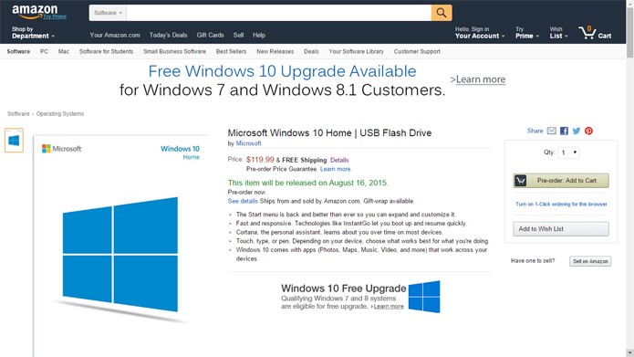 Site da Amazon oferece Windows 10 em formato USB (Foto: Reprodução/Amazon)