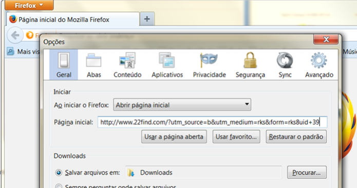 22Find está marcado como a página inicial ao se abrir o Firefox (Foto: 22Find está marcado como a página inicial ao se abrir o Firefox)