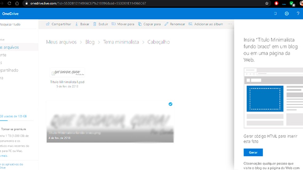 OneDrive gera código HTML para inserir arquivos em blogs e páginas da web — Foto: Reprodução/Caroline Doms