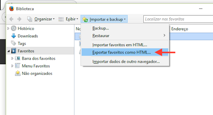 Acessando a ferramenta para exportar favoritos do Firefox (Foto: Reprodução/Marvin Costa)