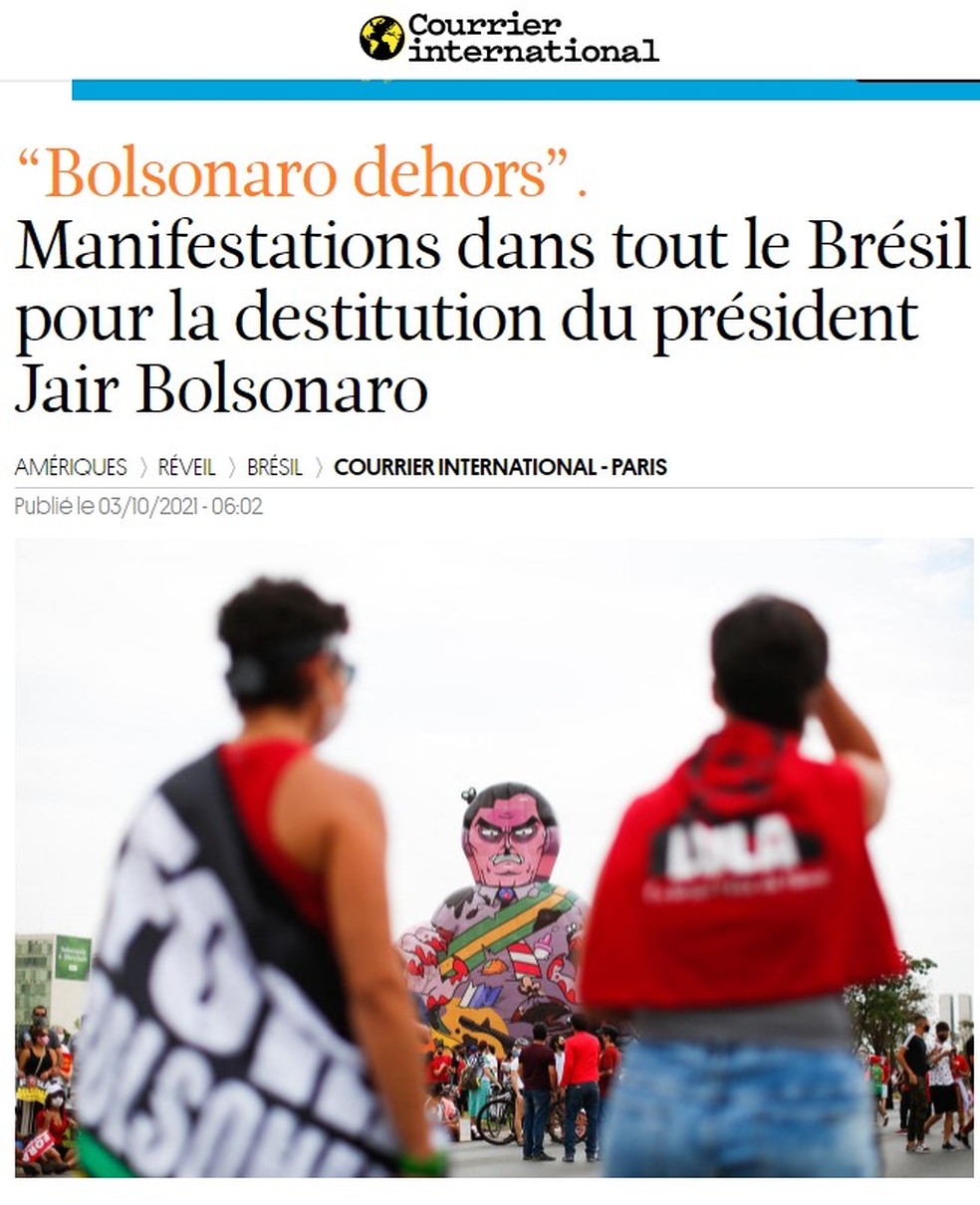 Reprodução de página do Courier International sobre atos contra o presidente Bolsonaro, em 2 de outubro de 2021 — Foto: Reprodução/Courier International