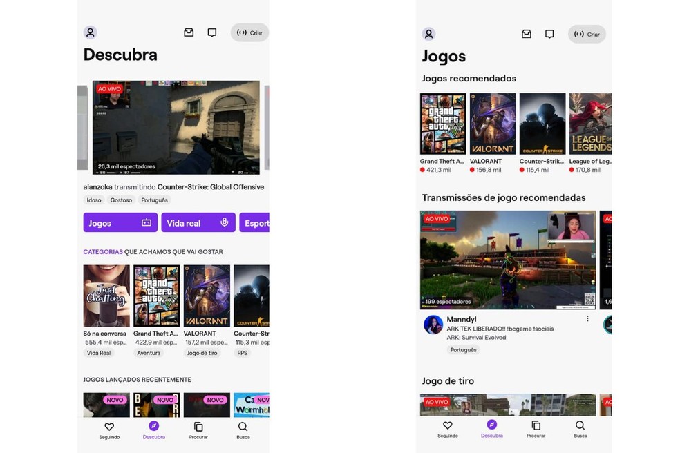 Aplicativo Twitch possui comunidades de games e usuários podem conhecer novas através de buscas — Foto: Reprodução/Gisele Souza