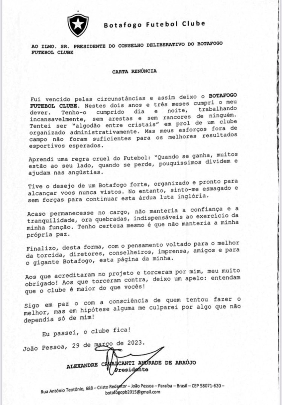 Carta de renúncia de Alexandre Cavalcanti da presidência do Botafogo-PB — Foto: Divulgação / Pedro Alves