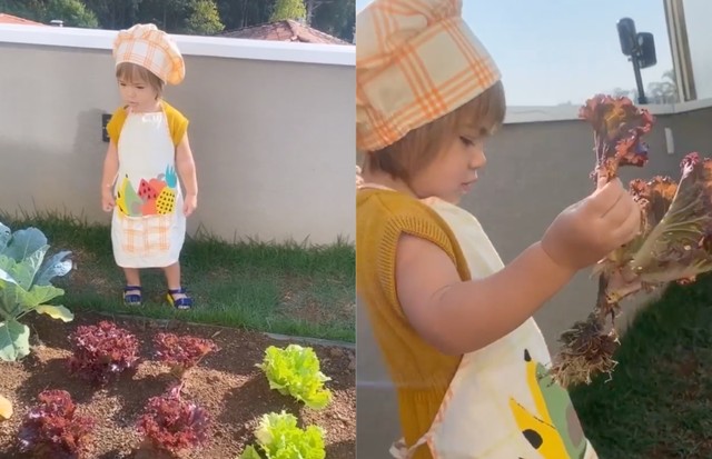 Vestida de cozinheira, Zoe colhe verduras direto do pé (Foto: Reprodução/Instagram)