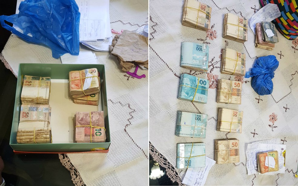 Dinheiro apreendido enterrado no quintal da casa do ex-vereador de Igarapava, SP — Foto: Polícia Militar/Divulgação