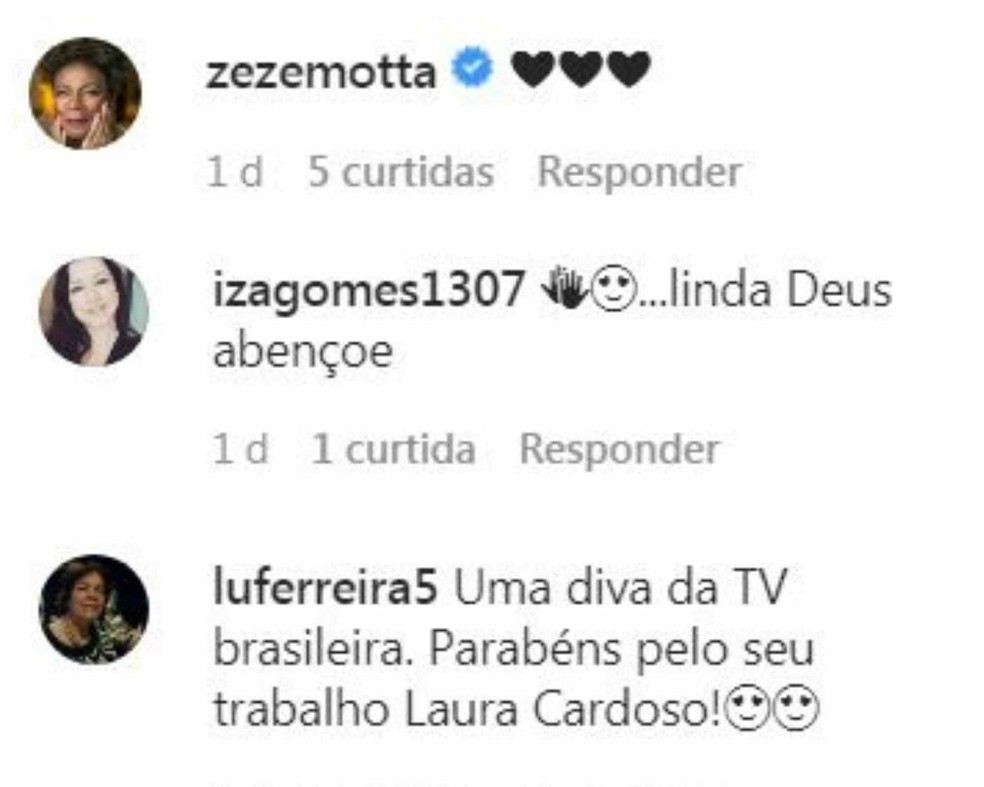 Zezé Motta elogiou as fotos de Laura Cardoso — Foto: Reprodução Instagram
