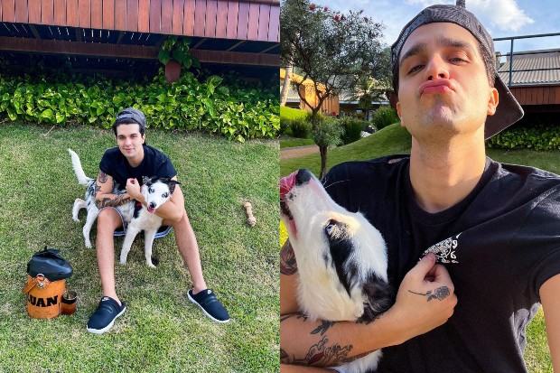 Luan Santana posa com cachorra de estimação, Sky, no quintal (Foto: Reprodução/Instagram)