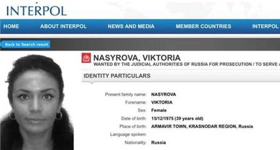 Viktoria procurada pela Interpol — Foto: Reprodução