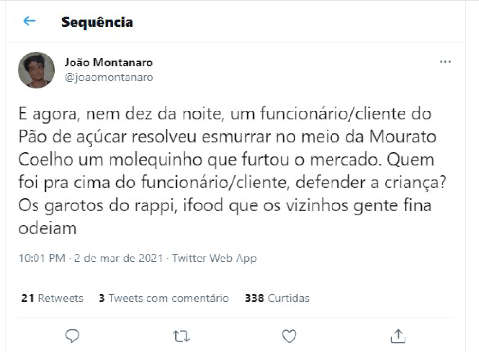 Cartunista João Montanaro denunciou a agressão ao menino negro em suas redes sociais. Supermercado afastou o empregado e polícia investiga a agressão — Foto: Reprodução/Redes sociais