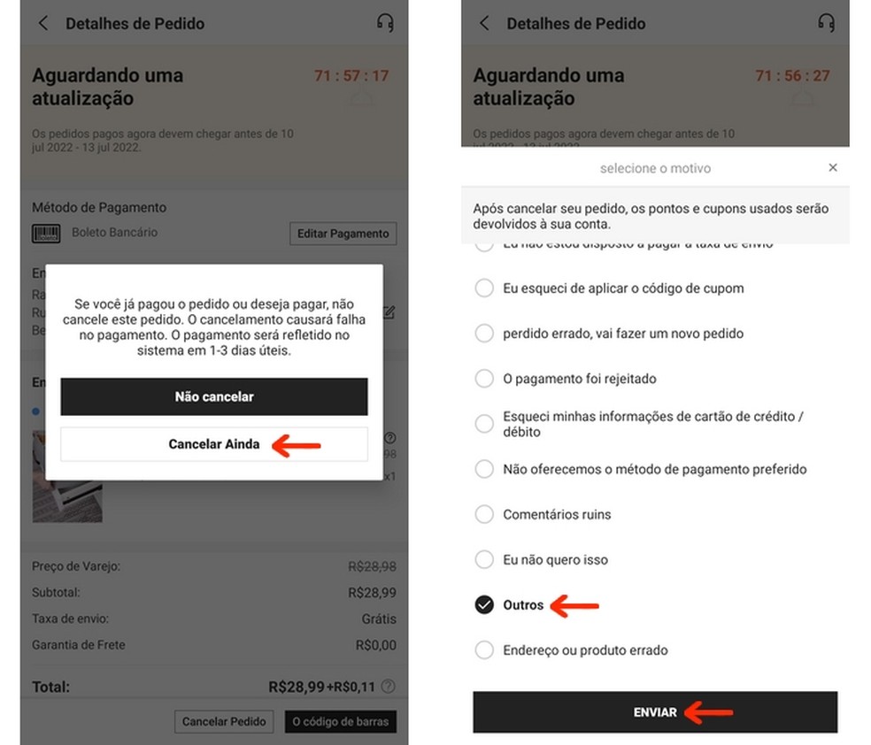 Informação do motivo de cancelamento do pedido na Shein; veja como cancelar pedido pago — Foto: Reprodução/Raquel Freire