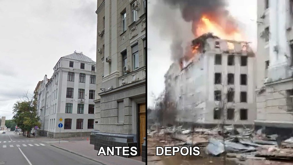 Foto mostra universidade em Kharkiv em 2015; depois pegando fogo após ataque russo em imagem publicada no dia 2 de março — Foto: Google e Anton Gerashenko via Twitter