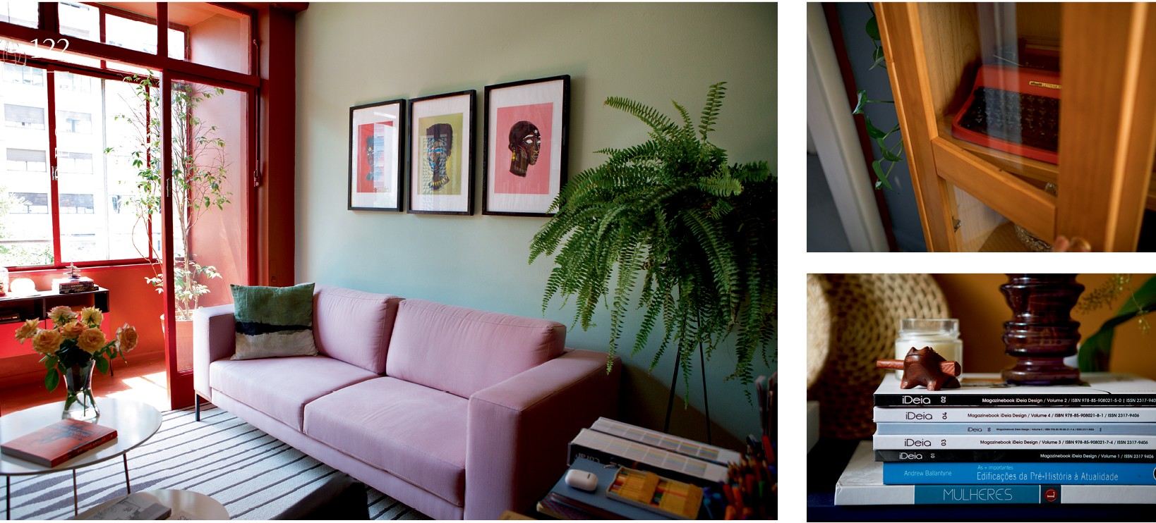 o escritório do casal. o sofá rosa é um dos móveis preferidos de stephanie  e detalhes dos livros e máquina de escrever que foi presente da tia-avó (Foto: Carol Gherardi)