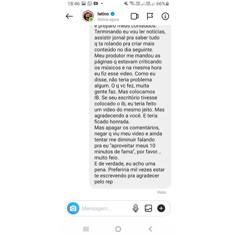 Exposed: Bruna Volpi compartilhou prints das mensagens que trocou com Latino (Foto: Reprodução/Instagram)