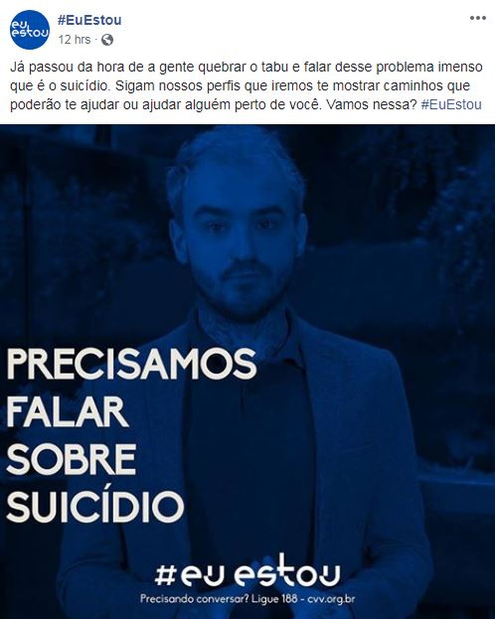Campanha #EuEstou terá cartelas, vídeos e ferramenta automatizada de e-mail para compartilhar conteúdos sobre saúde mental, prevenção ao suicídio e busca de tratamento — Foto: Reprodução/Facebook
