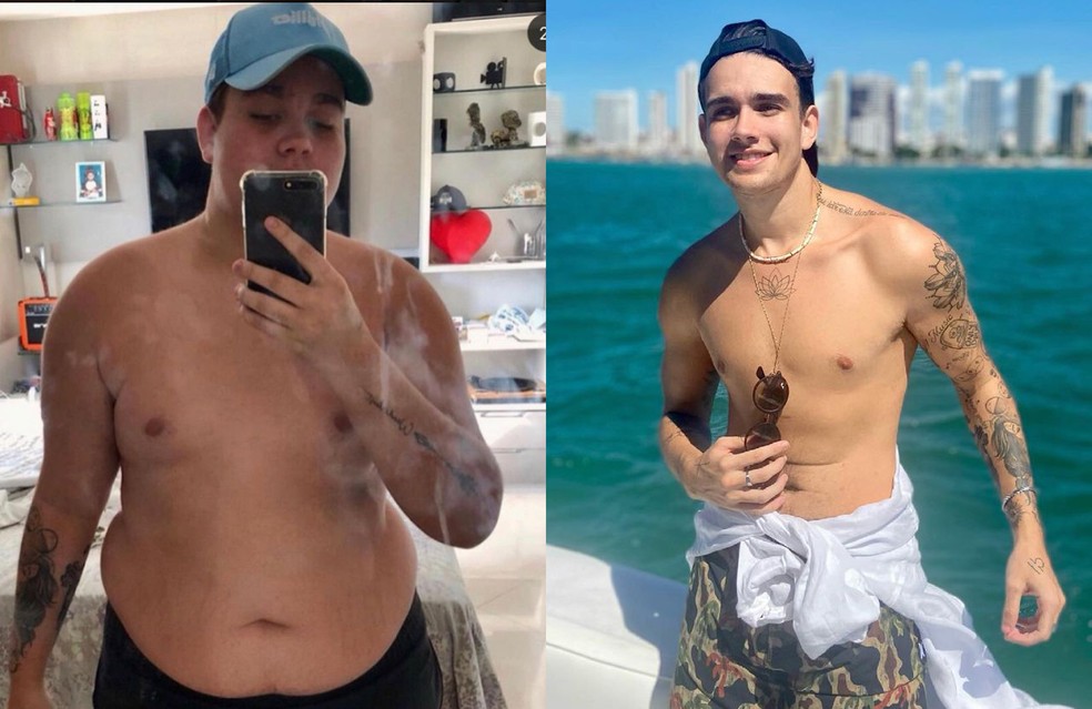 Rafa Almeida, filho de Solange Almeida, mostra antes e depois após cirurgia bariátrica — Foto: Reprodução/Instagram