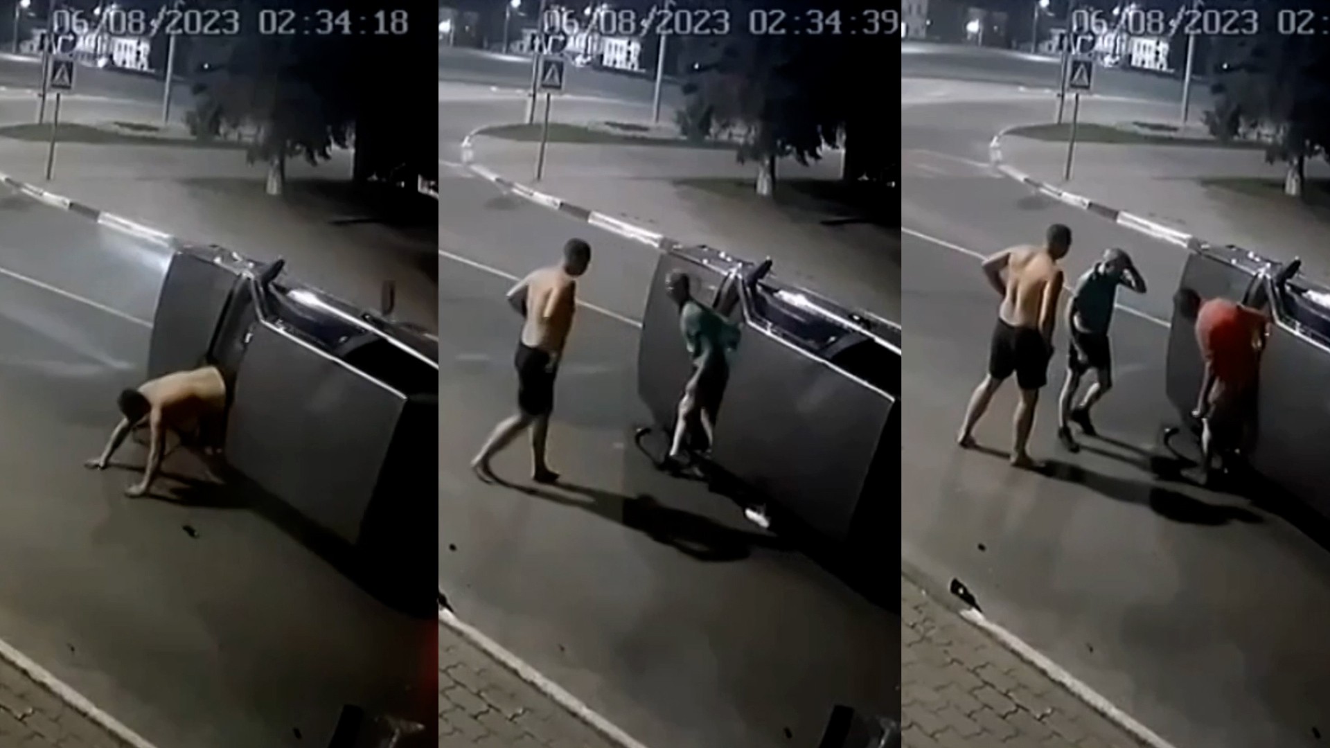 Homens escapam pelo vidro e saem andando após veículo capotar; vídeo mostra acidente