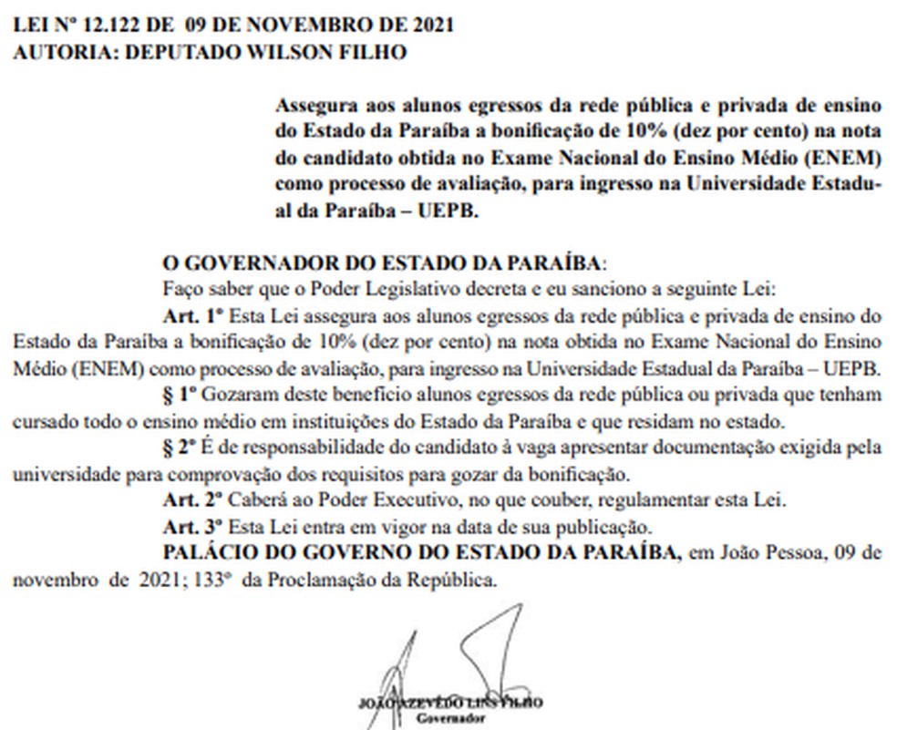 Lei com bonificação de 10% em nota do Enem para estudantes ingressarem na UEPB é sancionada — Foto: DOE-PB/Reprodução