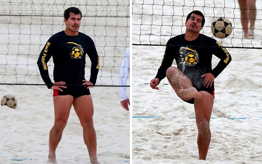 Thiago Martins joga futevôlei em dia de praia no Rio