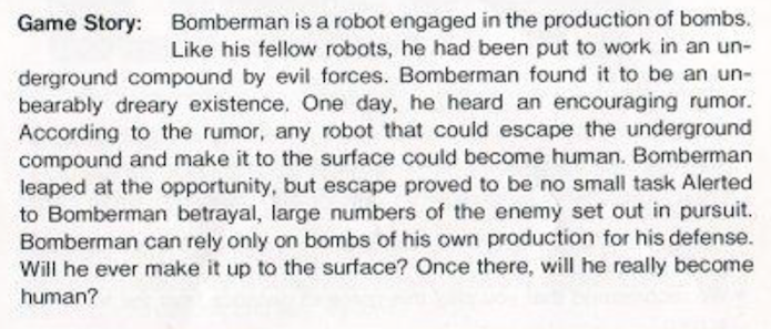 Manual da versão de NES dizia que Bomberman desejava se tornar humano (Foto: Reprodução / gamesdbase.com)