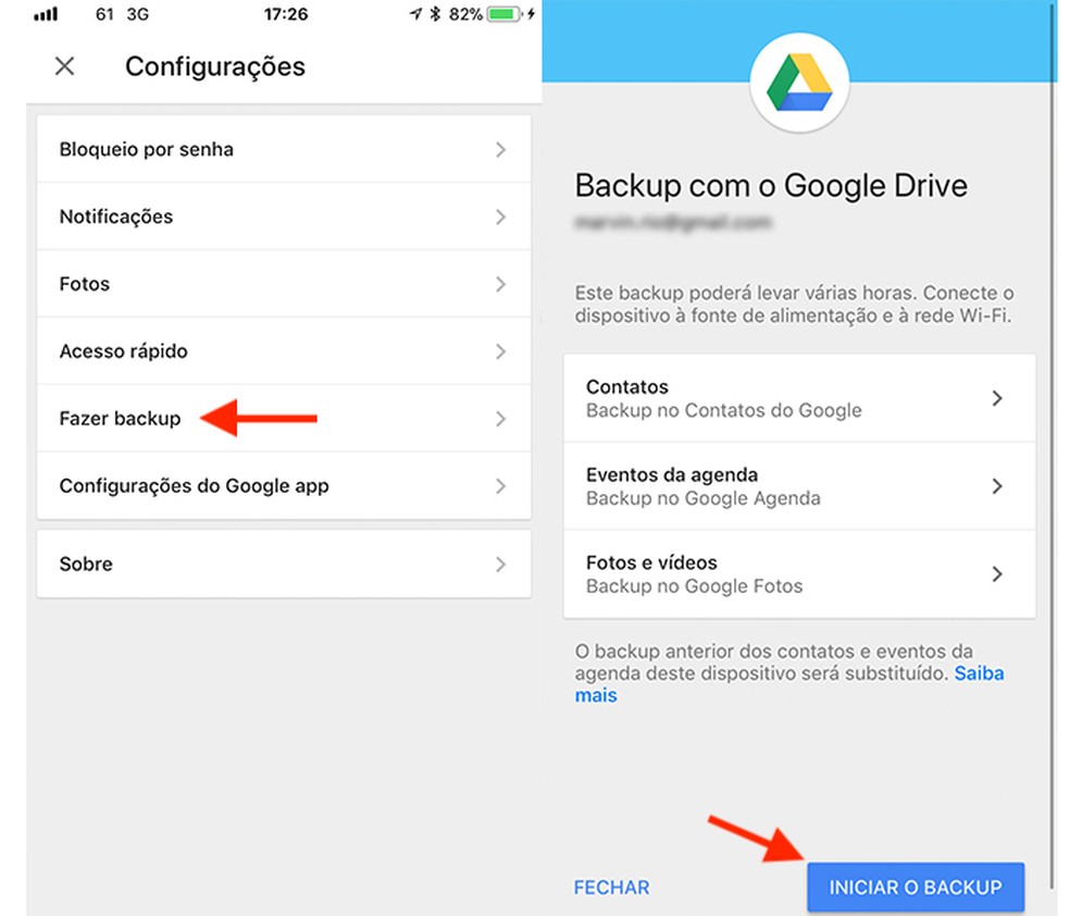 Início da configuração de backup de dados do iPhone no Google Drive (Foto: Reprodução/Marvin Costa)
