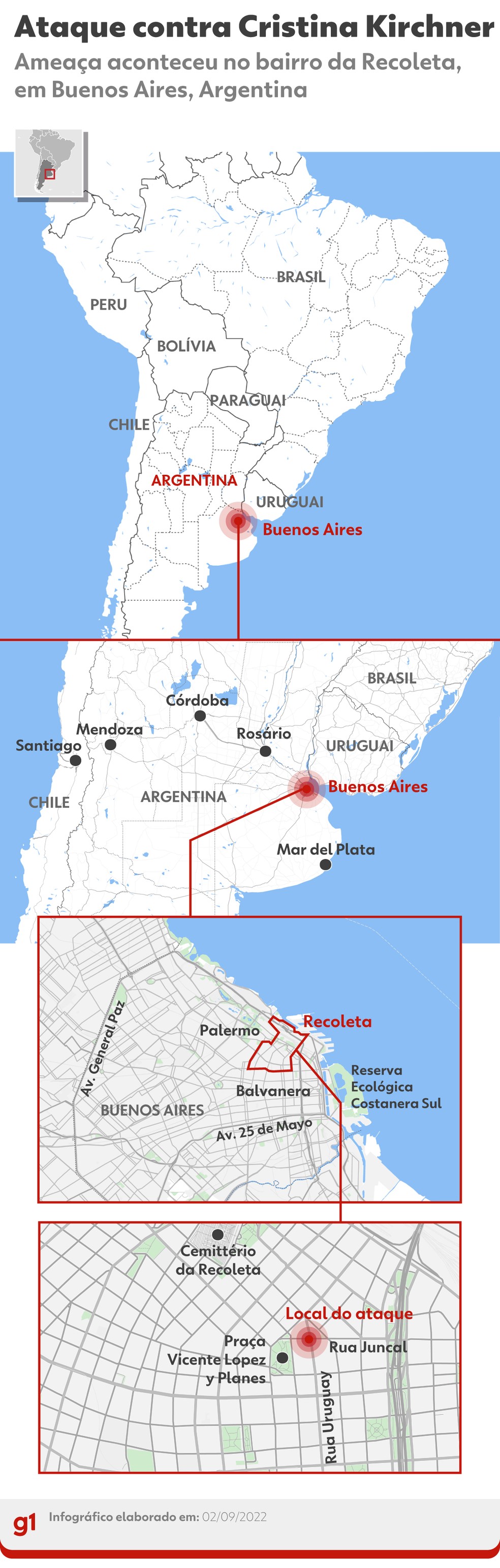Mapa mostra local do ataque contra Cristina Kirchner — Foto: Editoria de Arte/g1