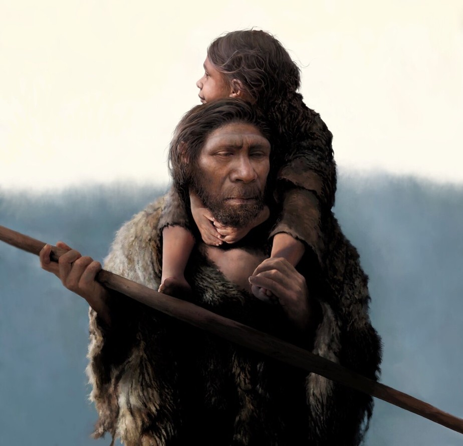 Representação de um homem neandertal com sua filha