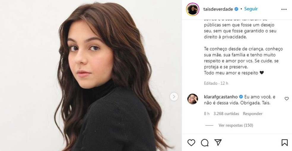 Klara Castanho comenta post de Tais Araújo — Foto: Reprodução