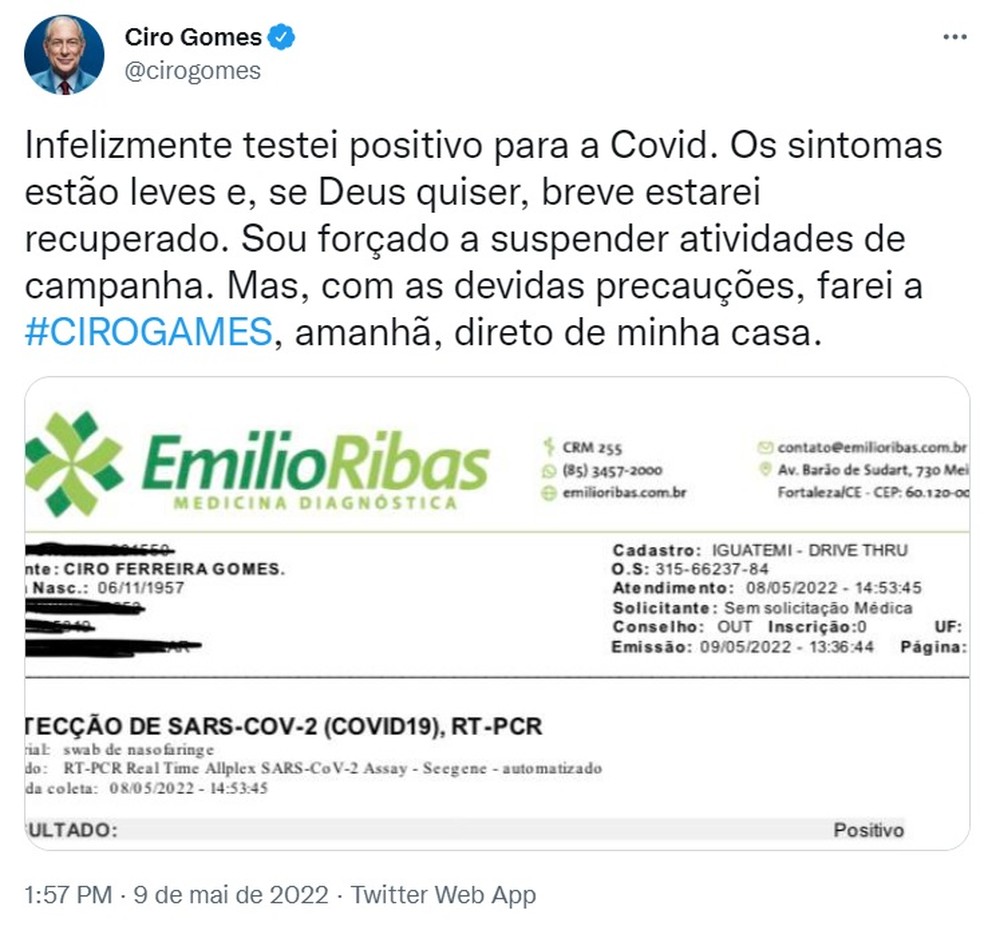 Ciro Gomes anuncia que está com Covid — Foto: Reprodução
