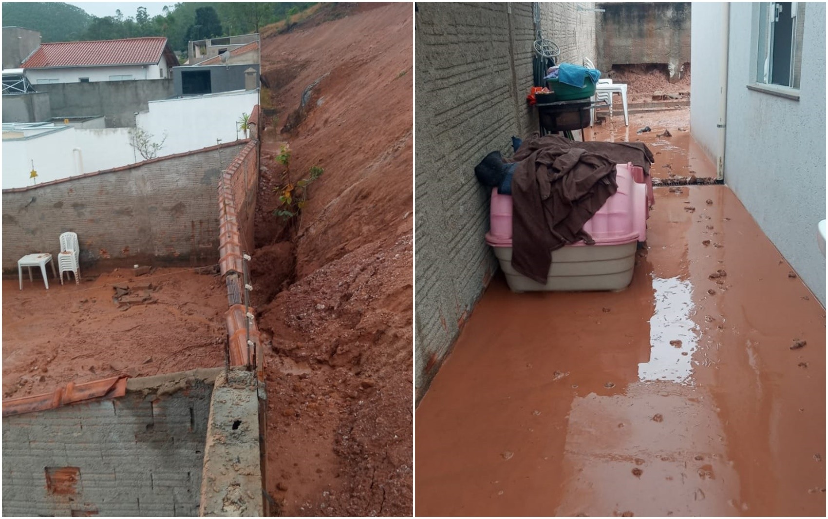 Deslizamento de terra derruba parte do muro de fundos de residência em Poços de Caldas, MG