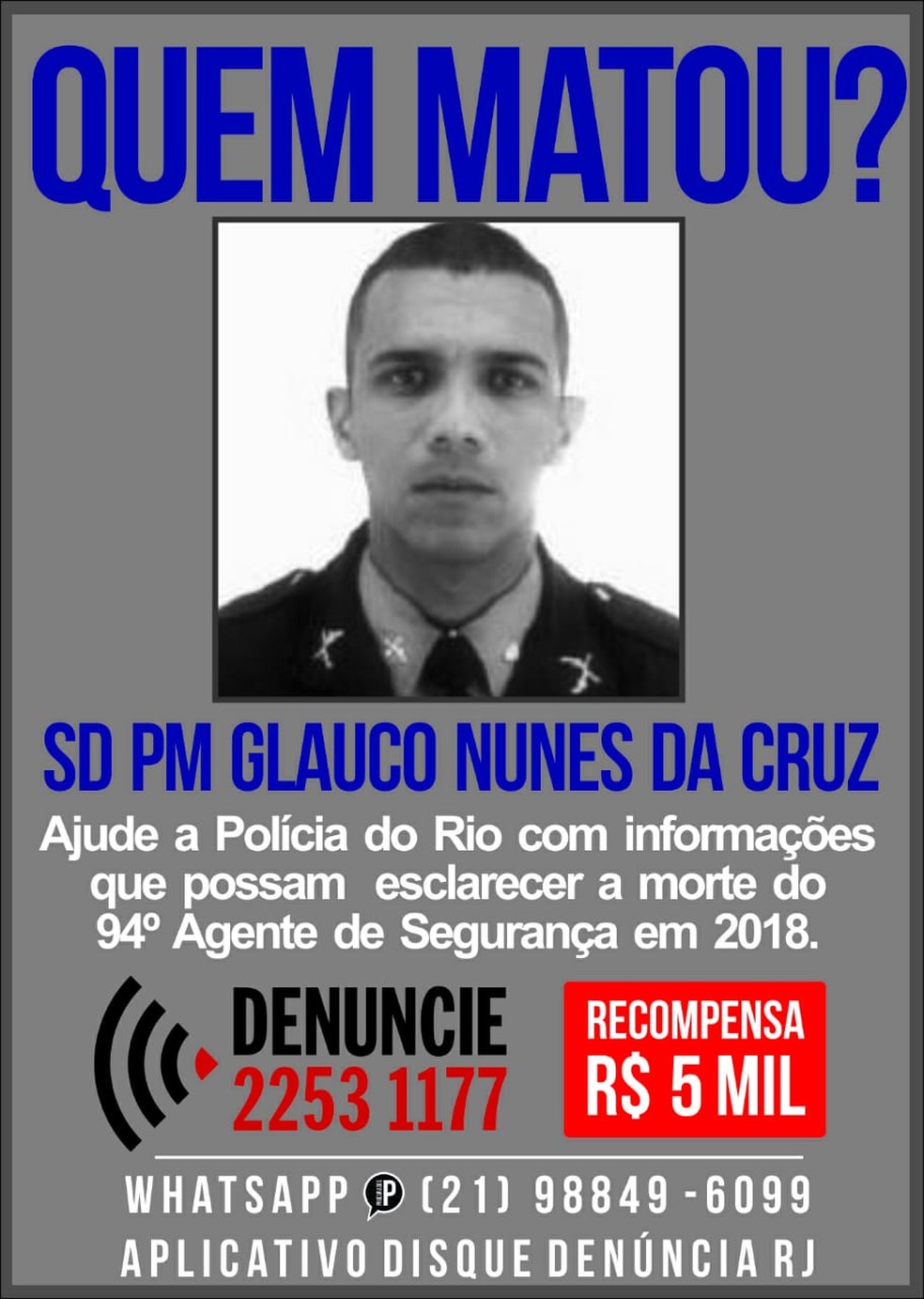 Glauco Nunes da Cruz é o 73º policial militar morto no Estado do Rio de Janeiro em 2018 — Foto: Divulgação/ Disque Denúncia