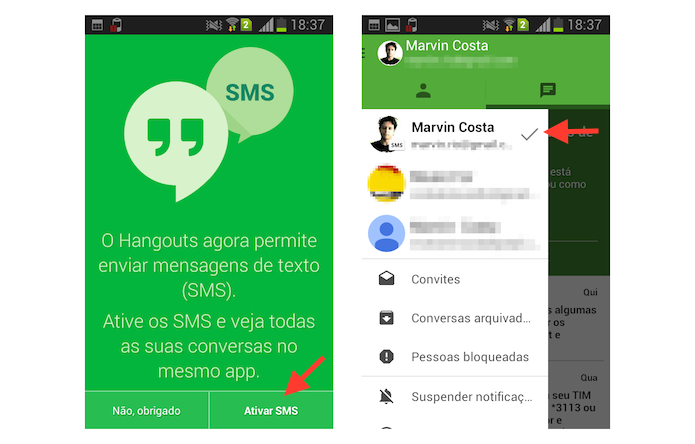 Ativando a ferramenta de SMS do Hangouts no Android (Foto: Reprodução/Marvin Costa)