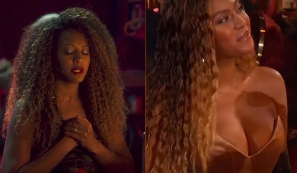 Sol (Sheron Menezzes) em 'Vai na fé' e, à direita, Beyoncé no Grammy — Foto: Reprodução/Globoplay e YouTube