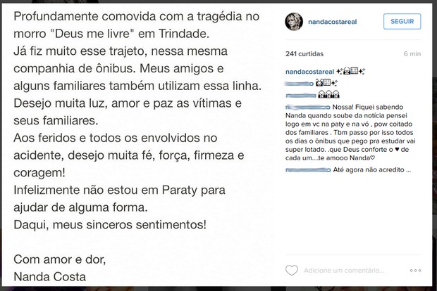 EGO - Nanda Costa faz homenagem às vítimas do acidente em Paraty ...