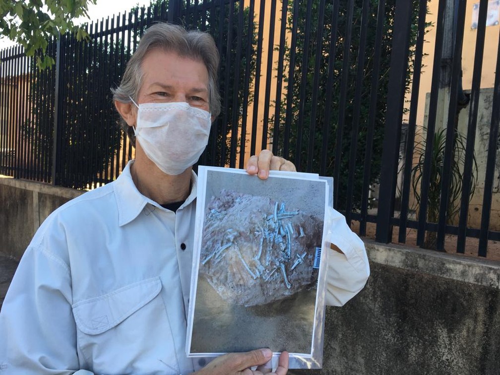 Paleontólogo Willian Roberto Nava mostra uma foto de um crânio associado a um esqueleto de aves Enantiornithes — Foto: Stephanie Fonseca/G1