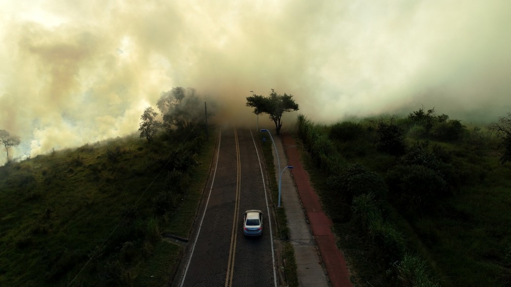 Fumaça por queimada em mata bloqueia tráfego na Estrada da Coudelaria, em Campinas (SP) — Foto: César Cocco