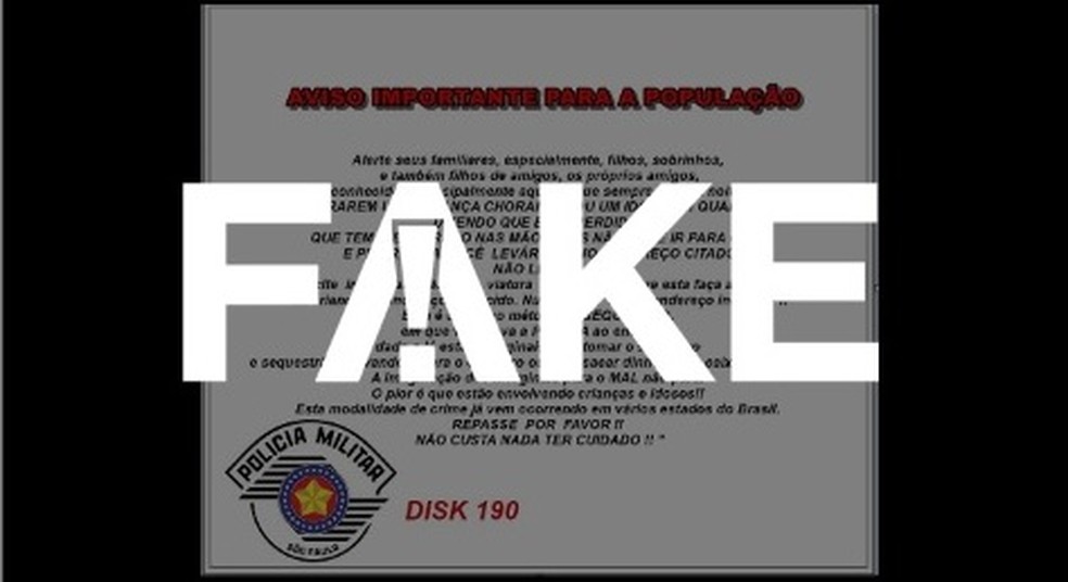 É #FAKE que PM de SP fez cartaz sobre golpe que usa crianças e idosos para levar vítimas a sequestradores — Foto: Reprodução