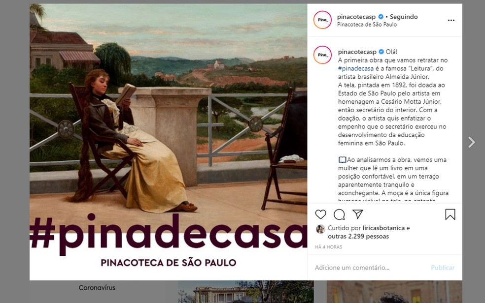 Redes sociais dos museus divulgam os conteúdos que podem ser acessados de casa — Foto: Reprodução/Instagram 