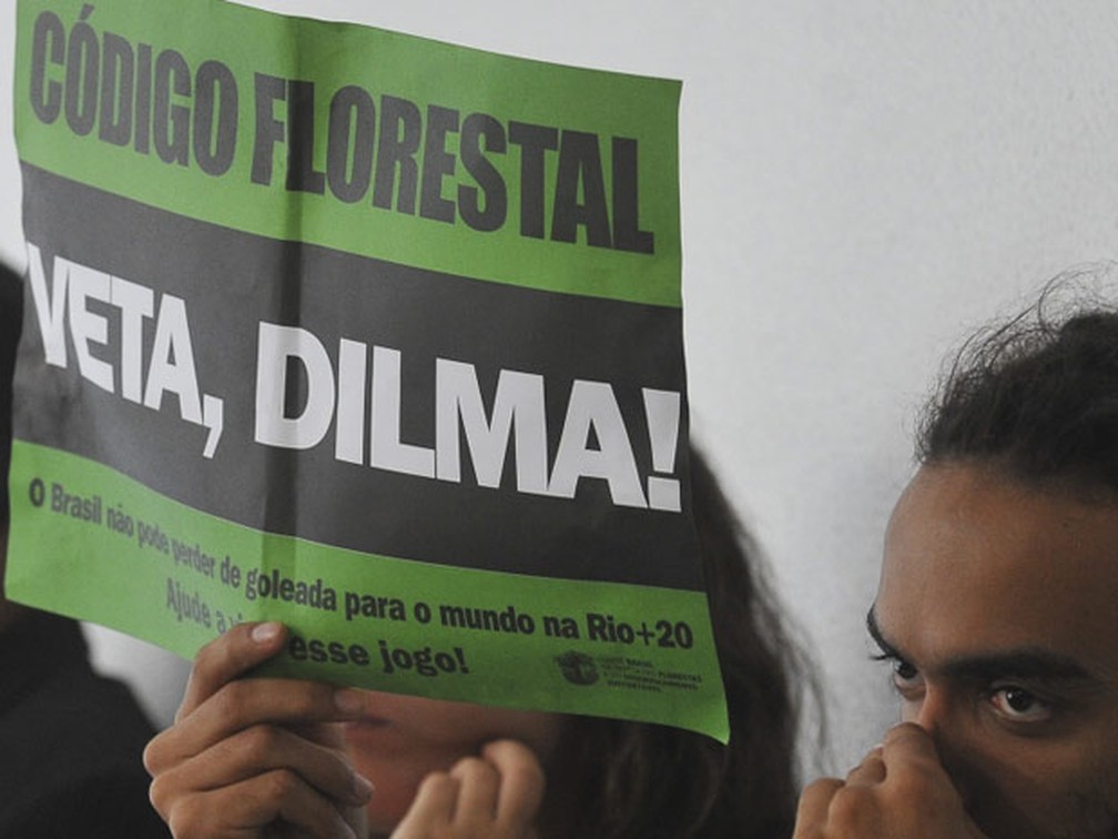 Manifestante pede veto de Dilma ao Código Florestal durante reunião de comissão do Senado â€” Foto: Antônio Cruz / Agência Brasil