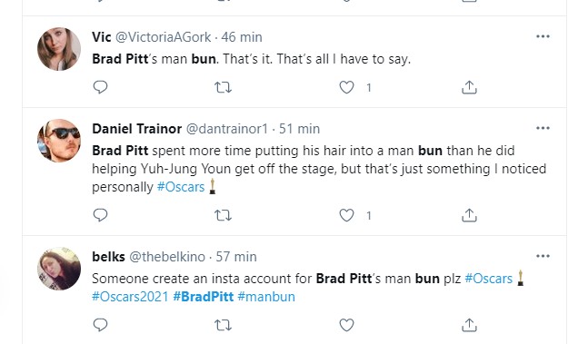 Internet reage a coque de Brad Pitt no Oscar 2021 (Foto: Reprodução Twitter)