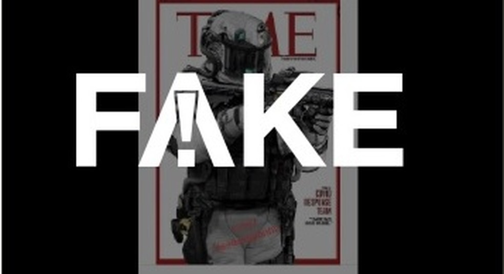 É #FAKE imagem da capa da Time em que soldado armado usa emblema da OMS — Foto: Reprodução